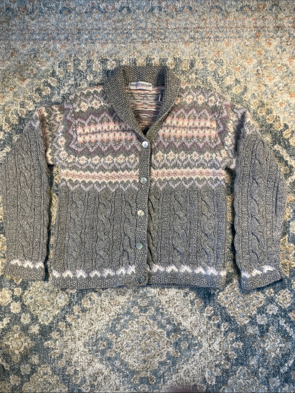 Valerie Stevens Gray Cable-Knit Fair Isle Cardigan with Pink Accents